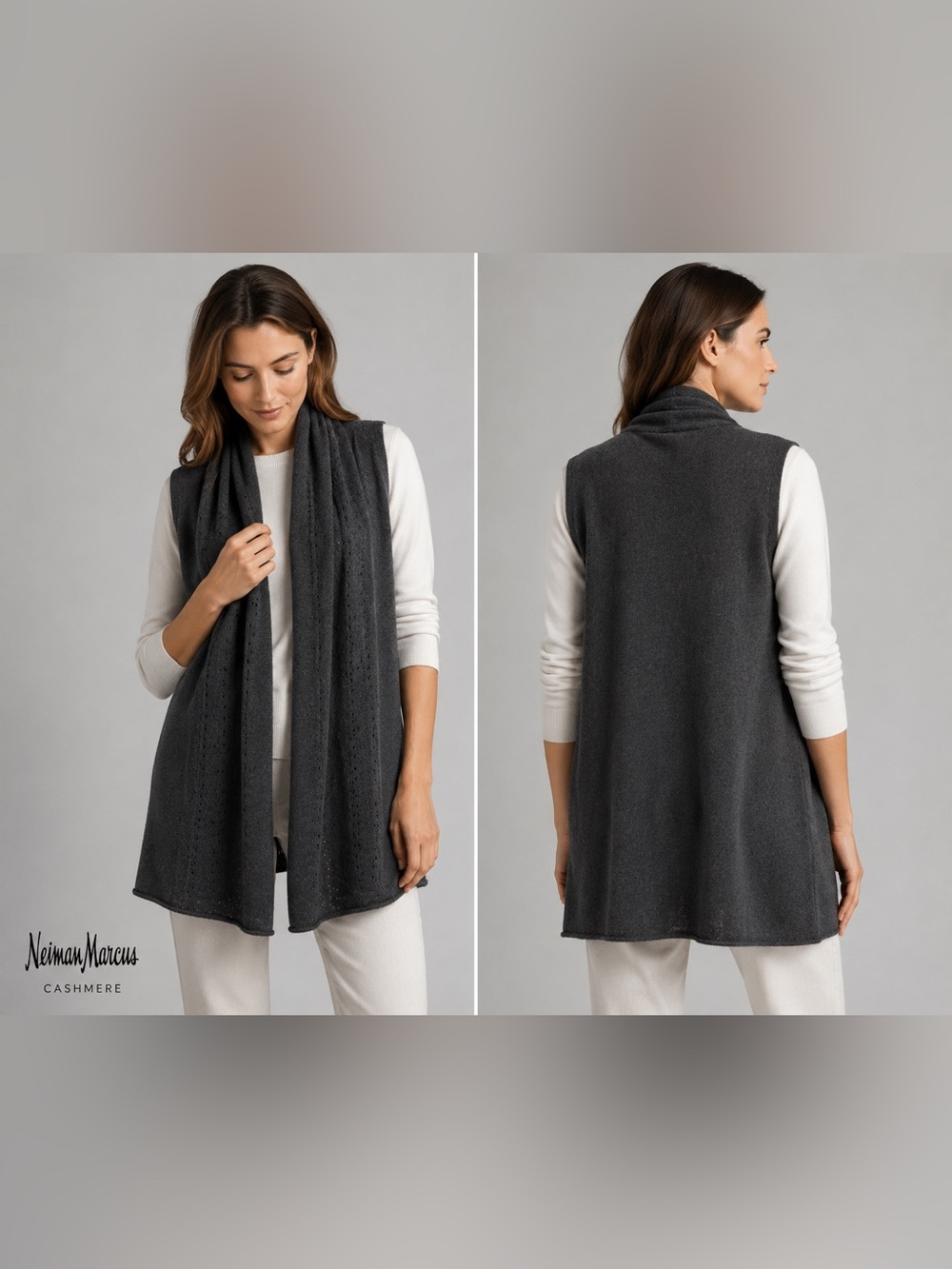 Neiman Marcus 100% Cashmere Long Vest Women’s S Charcoal Gray Draped Shawl Colla